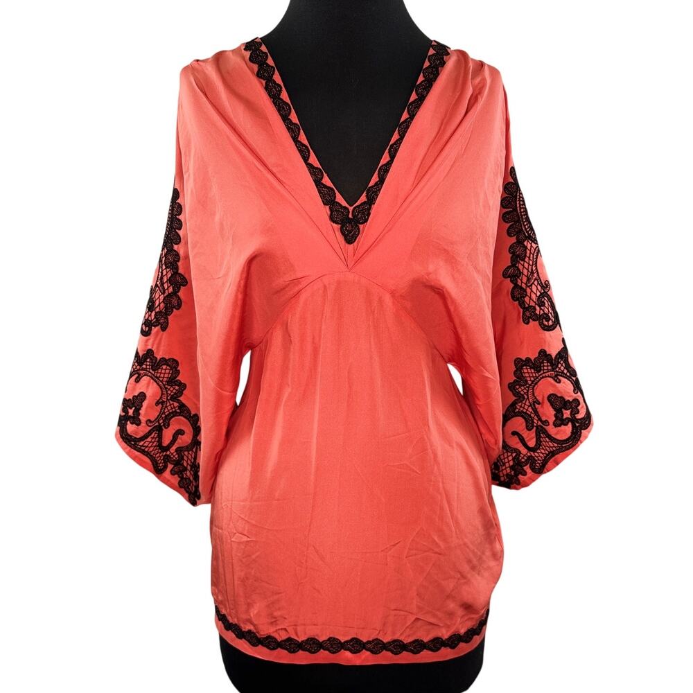 Yoana Baraschi Orange Black Blouse Silk Lace Trim V-Neck Dolman Sleeve XS